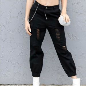 HYFVE Black Denim High Waist Cargo Pants with elastic bottoms, size Small. NWT